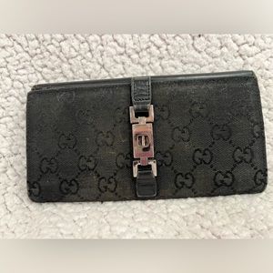 Gucci Black GG Canvas And Leather Jackie Long Wallet